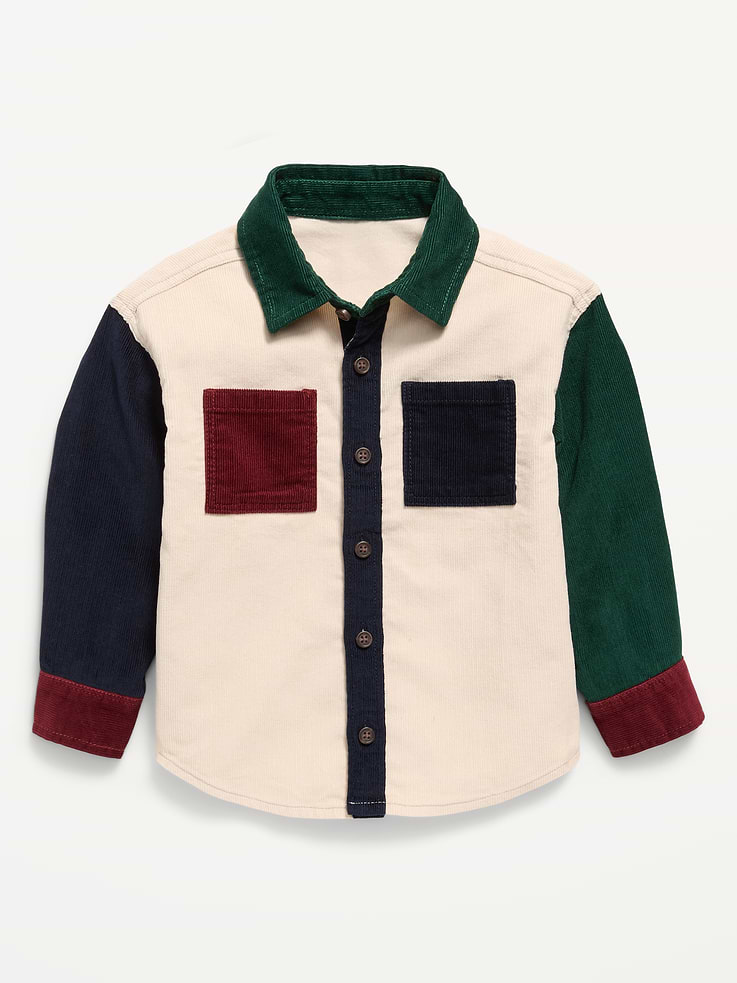 Image 1 of 2, spread collar, long sleeves, buttoned cuffs, patch pockets at chest, full length buttoned placket, color block, Product #1184345