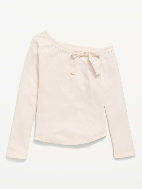 Long-Sleeve Ribbed Off-Shoulder Bow Top for Girls
