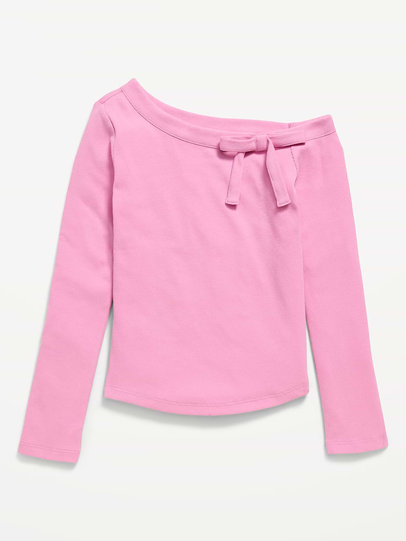 Long-Sleeve Ribbed Off-Shoulder Bow Top for Girls