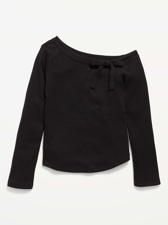 Long-Sleeve Ribbed Off-Shoulder Bow Top for Girls
