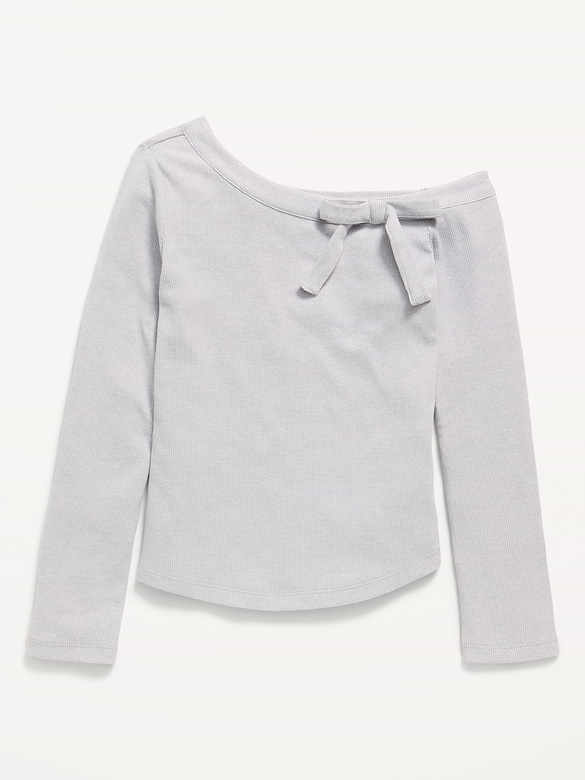Long-Sleeve Ribbed Off-Shoulder Bow Top for Girls