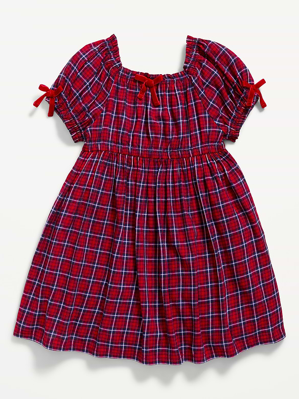 Puff-Sleeve Plaid Dress for Toddler Girls