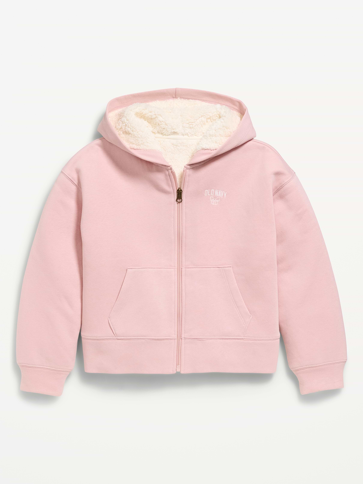 Image 1 of 2, built-in hood, long sleeves, logo graphic at front, hand-warming pockets, sherpa lining, Product #908642