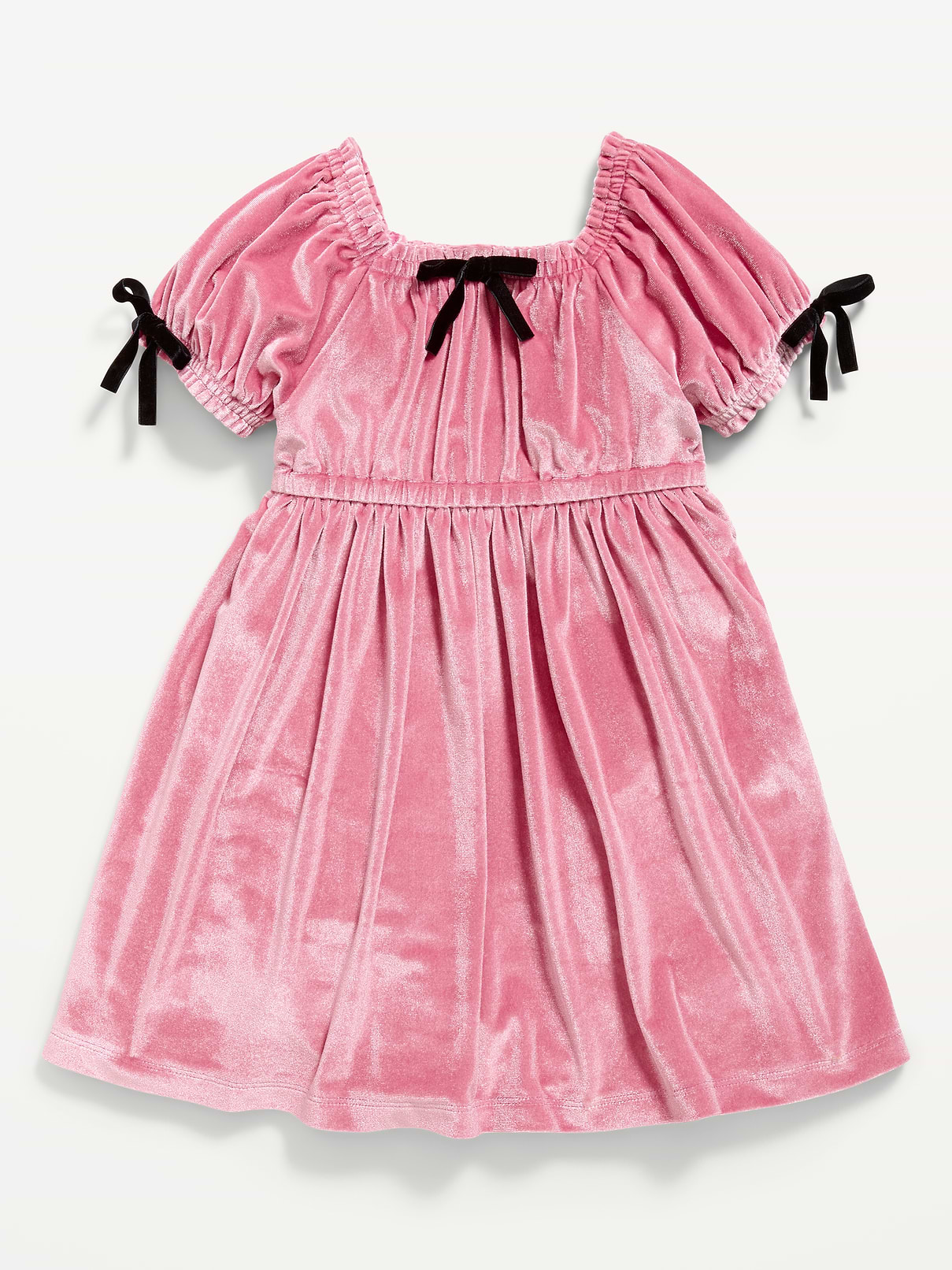 Image 1 of 1, square neckline, short puff sleeves, decorative bows at sleeves and neckline, seamed waist, full skirt, Product #909335