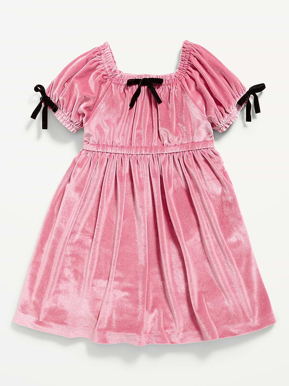 Fit and Flare Bow-Trim Velvet Dress for Toddler Girls