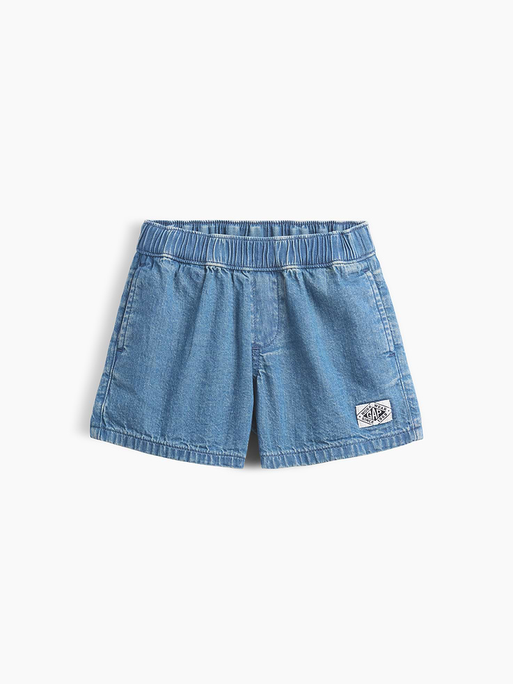 Image 1 de 2, Denim de coton indigo doux., Taille élastique, braguette décorative., Poches dans la couture sur les côtés, poche appliquée au dos., Finis variés., Produit #1183709