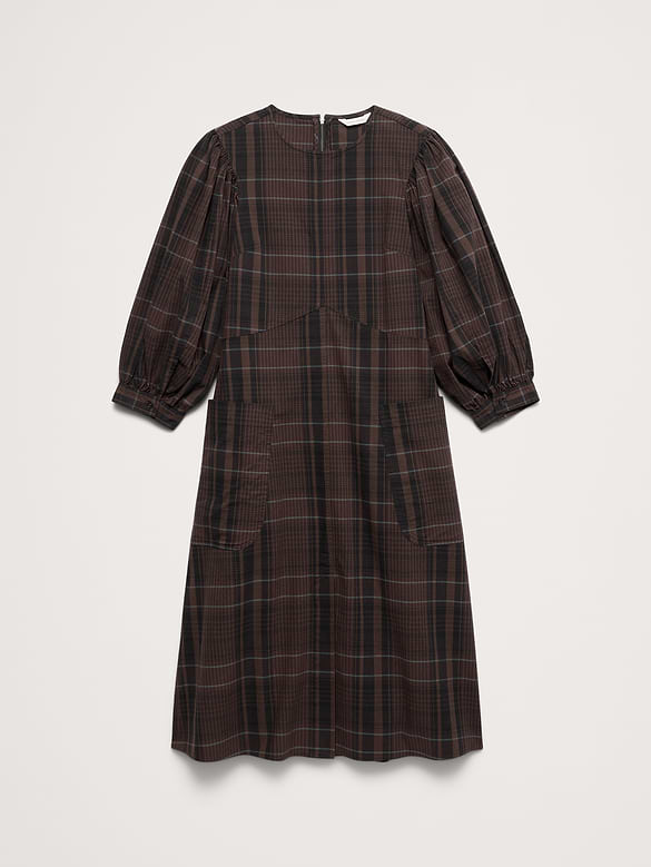 Robe mi-longue à manches bouffantes en popeline de coton