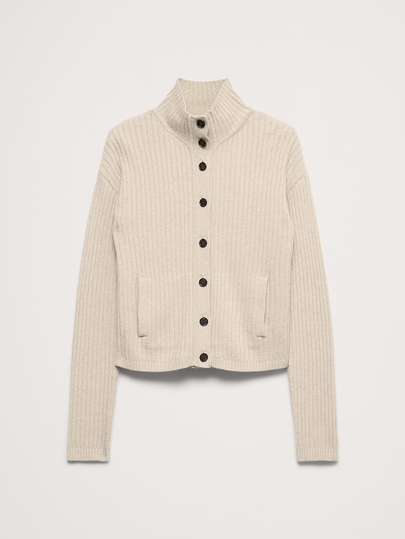 Merino-Cotton Mock Neck Cardigan