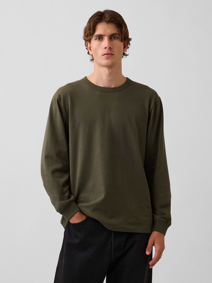 Image 1 of 6, Soft, heavyweight cotton jersey T-shirt. In a relaxed fit., Crewneck., Long sleeves., Certain styles have a colorblock raglan design., Product #907264