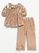 Image 1 of 2, round neckline, short puff sleeves, seamed waist, matching pants, elasticized waistband, wide leg, ruffled leg cuffs, Product #1181665