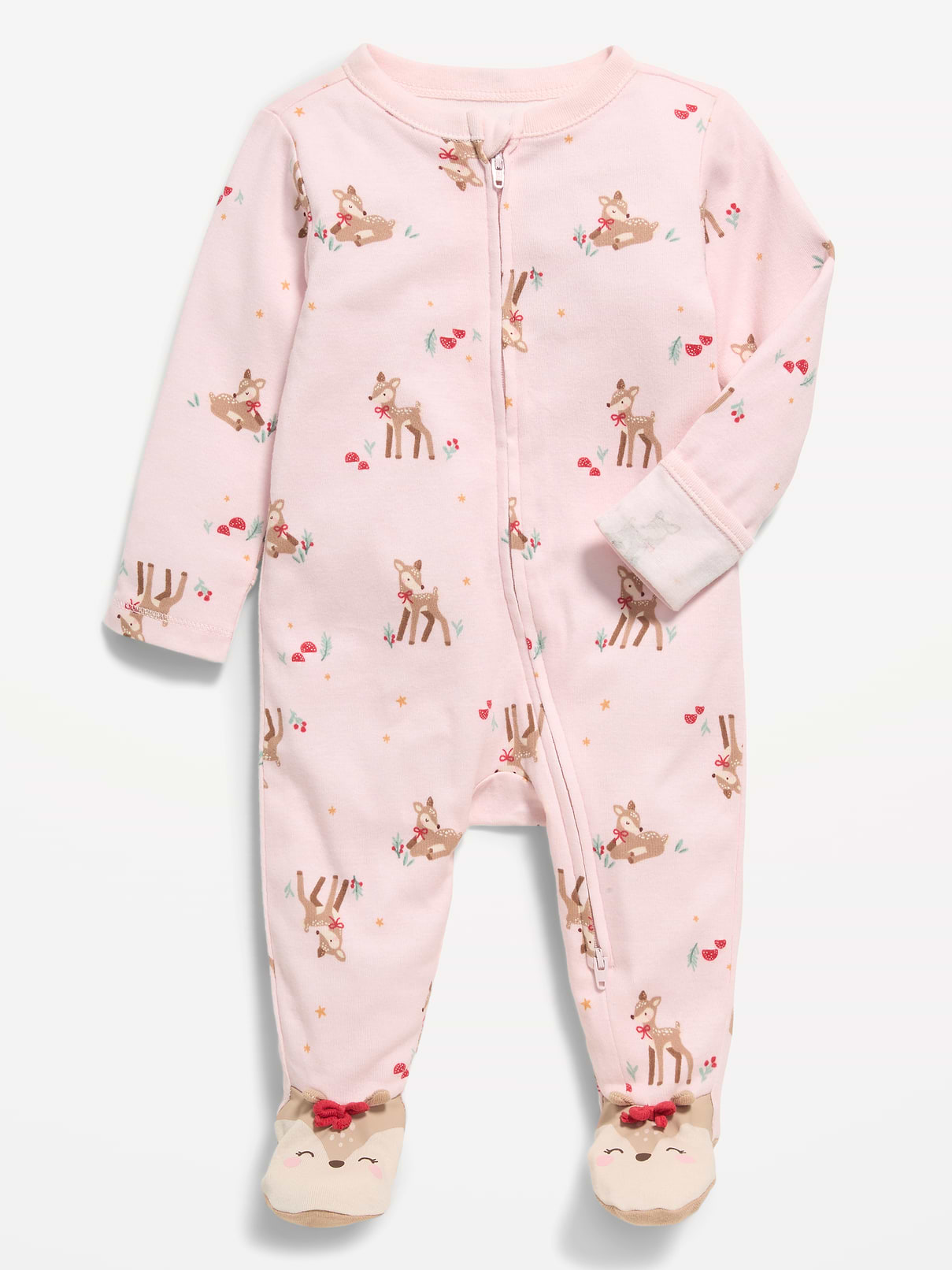 Image 1 of 1, crew neck, long sleeves, fold-over mittens at each sleeve, full-length reversible zipper, sewn-in feet, all-over print, baby's favorite pajamas, now in extended sizes, Product #1184194