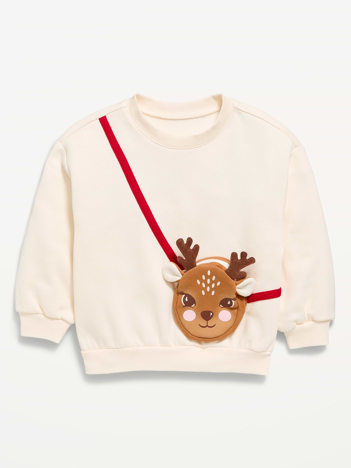 Image 1 of 3, crew neck, long sleeves, drop shoulders, built-in reindeer zippered purse with thin crossbody strap, Product #1184911