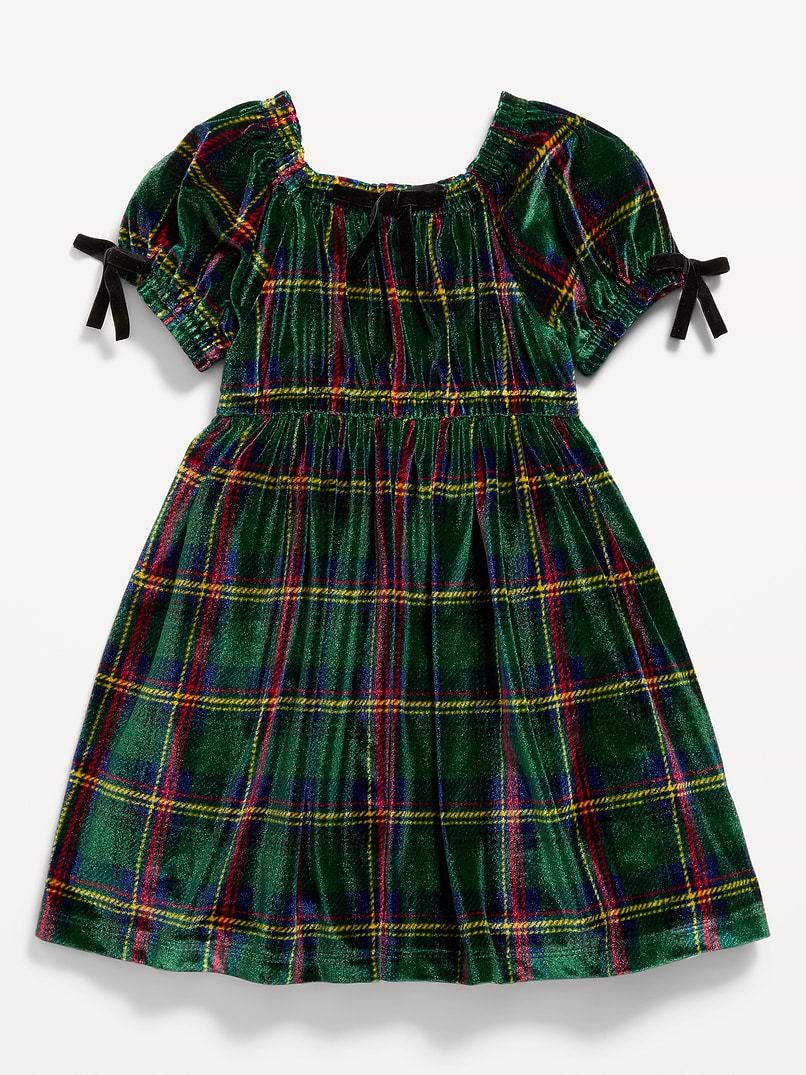 old navy christmas dresses girls Fit and Flare Bow-Trim Plaid Velvet Dress for Toddler Baby dress