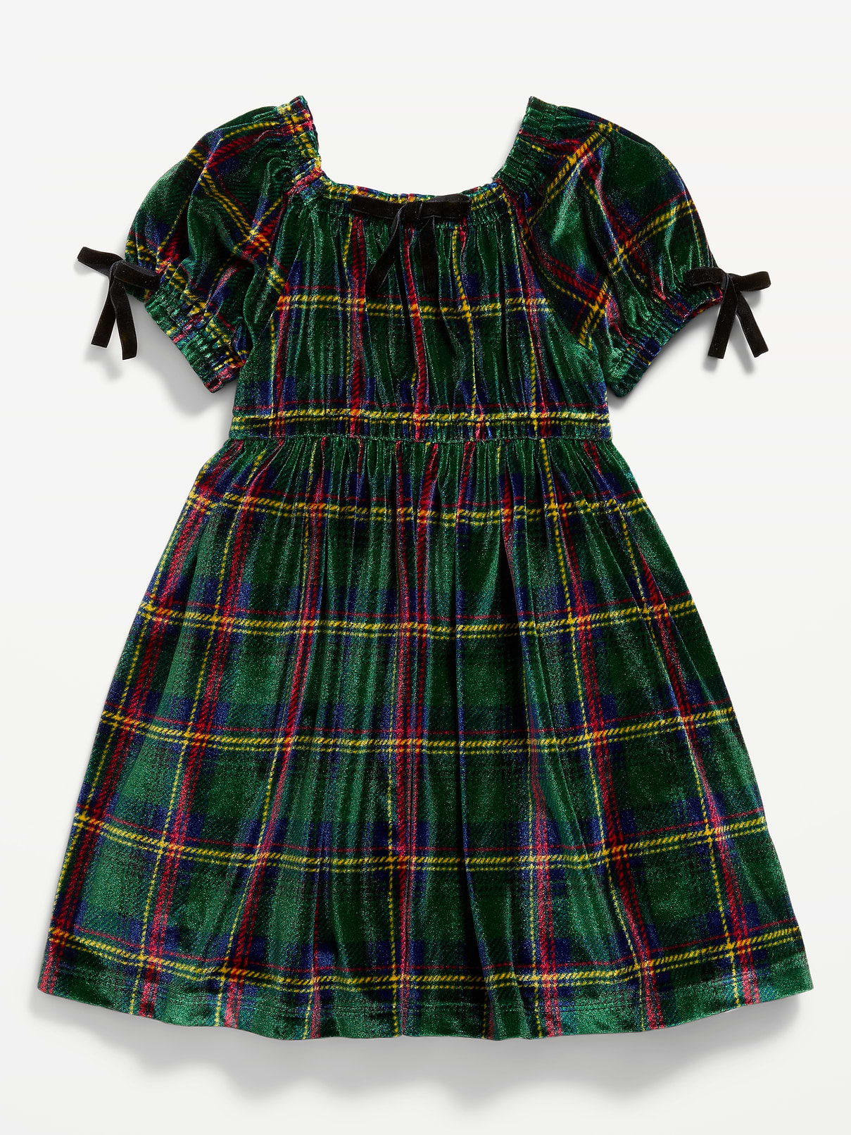 Image 1 of 1, square neckline, short puff sleeves, decorative bows at sleeves, seamed waist, full skirt, Product #908564
