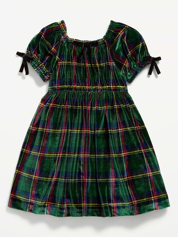 Fit and Flare Bow-Trim Plaid Velvet Dress for Toddler Girls