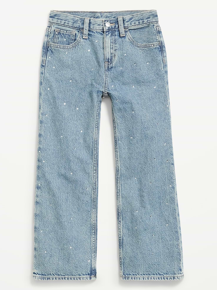 Image 4 of 5, High-Waisted Baggy Rhinestone Wide-Leg Jeans for Girls