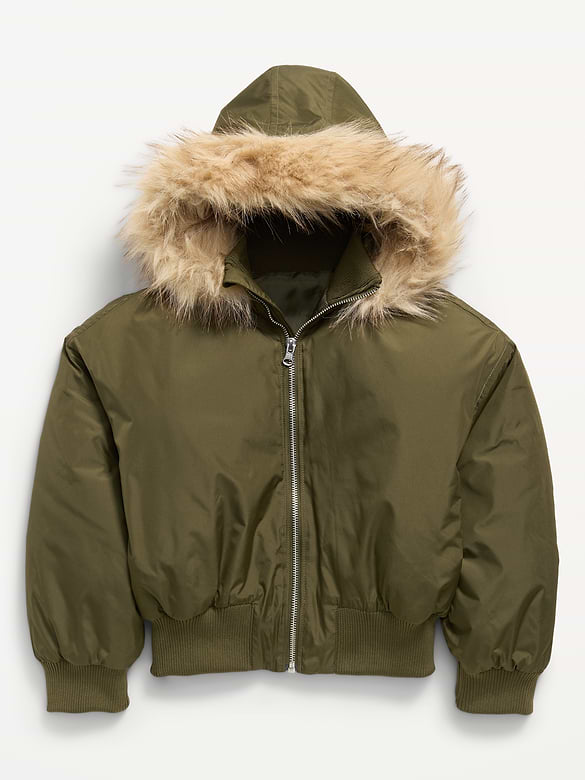 Water-Resistant Oversized Faux-Fur Trim Bomber Jacket for Girls