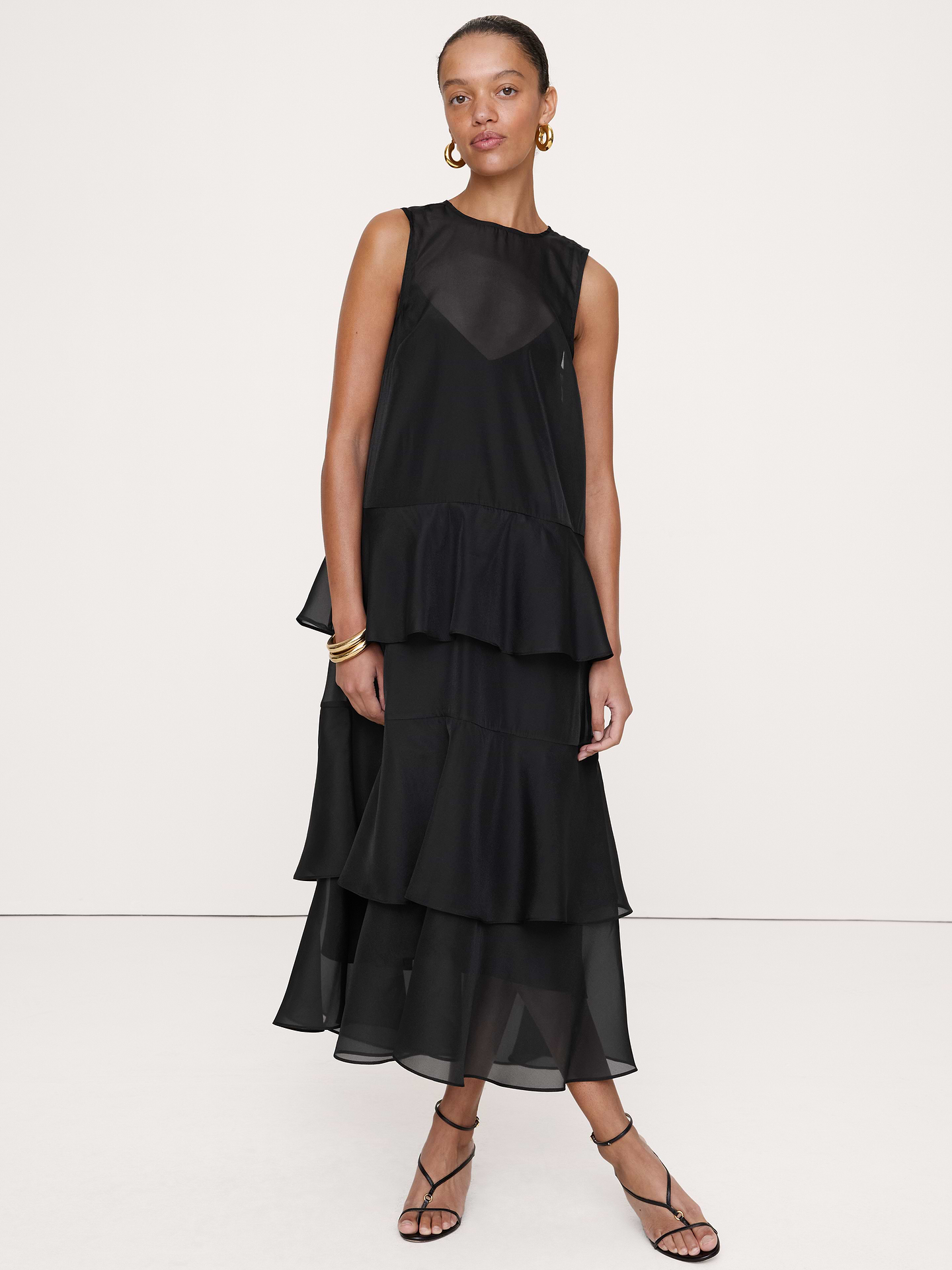 Image 1 of 4, Cut from lightweight and breathable organza, this tiered maxi dress is made with just enough structure to hold its shape beautifully., Trapeze Fit: An easy fit with an A-line silhouette., Banded collar with button closure at back., Slip lining., Product #1180130