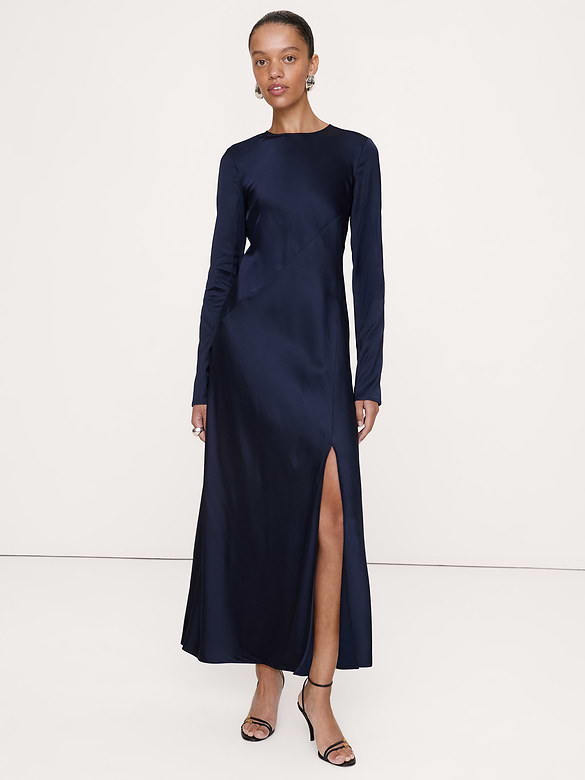 Bias-Cut Stretch-Satin Maxi Dress with Slit