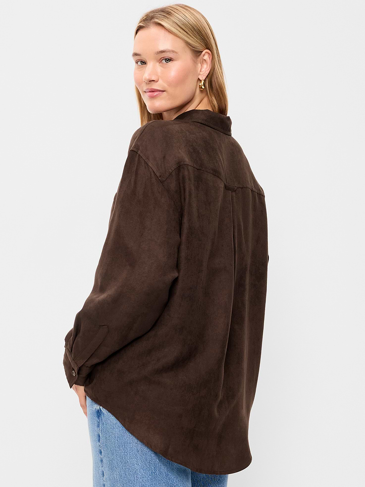 Image 6 of 8, Oversized Boyfriend Button-Down Faux-Suede Shirt