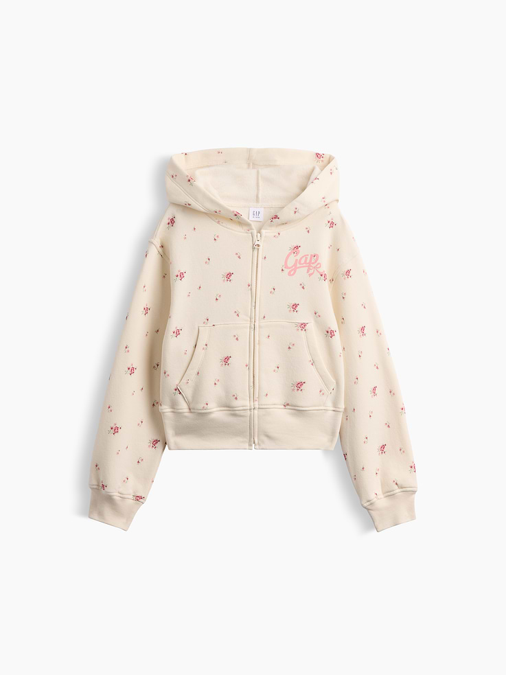 Image 1 of 3, This product is made with/contains 21% recycled polyester. Compared to virgin materials, using recycled materials helps reduce resource use and waste., Soft French terry., Dropped shoulder, long sleeves with banded cuffs., Hood, zip front., Kanga pockets., Banded hem., Allover floral print., This product was made in a factory that invests in gender equity and women’s empowerment through RISE. Learn more at, Product #1174976