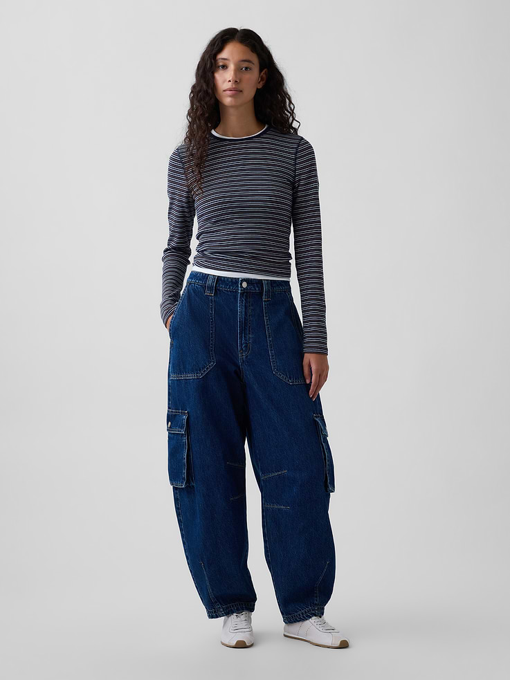 Image number 1 showing, High Rise Barrel Cargo Jeans