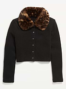 Image 2 of 3, Cropped Faux-Fur Collar Cardigan Sweater for Girls
