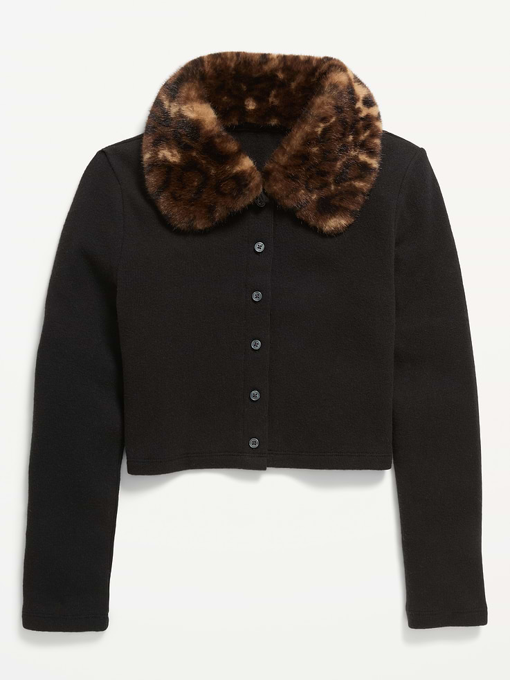 Image 2 of 3, Cropped Faux-Fur Collar Cardigan Sweater for Girls