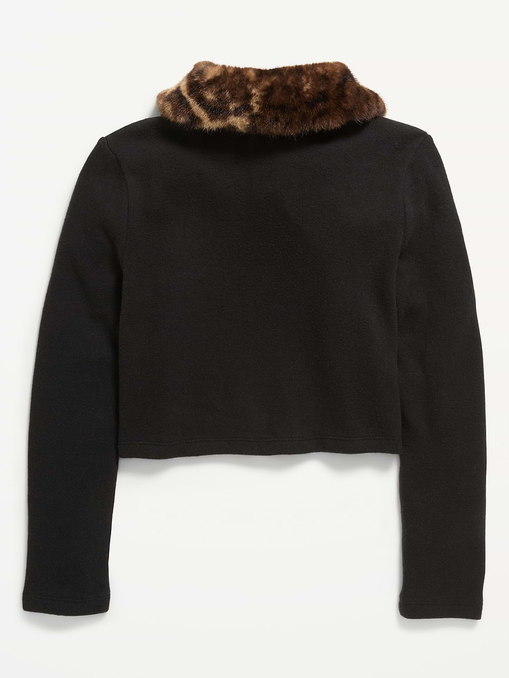 Image 3 of 3, Cropped Faux-Fur Collar Cardigan Sweater for Girls
