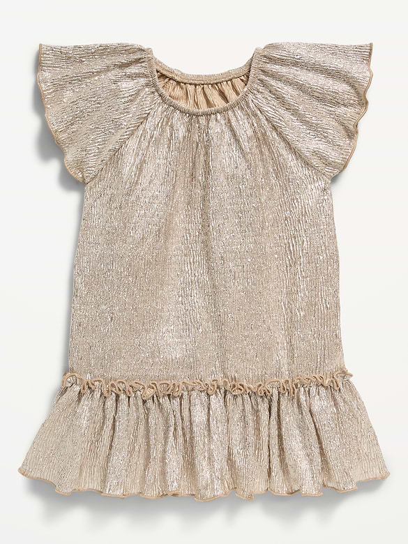 Flutter-Sleeve Metallic Swing Dress for Baby