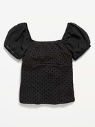 Image 3 of 3, Puff-Sleeve Textured Mesh Top for Girls