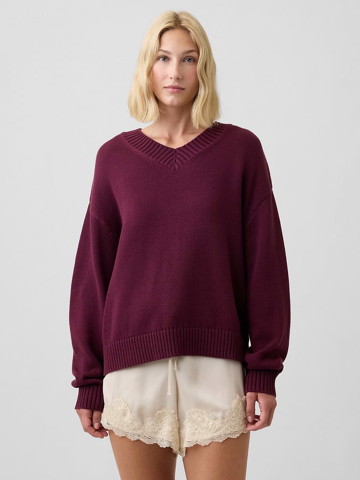 Image 1 of 5, Soft cotton knit., Dropped shoulder, long balloon sleeves with ribbed cuffs., Ribbed V-neck., Ribbed hem., Select styles have allover stripes., Product #1177186