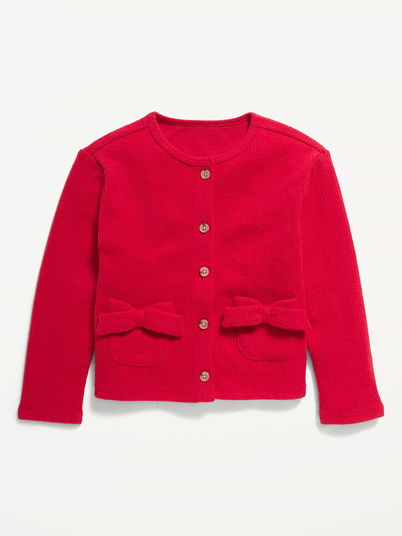 Cozy Ribbed Bow-Pocket Cardigan Sweater for Toddler Girls