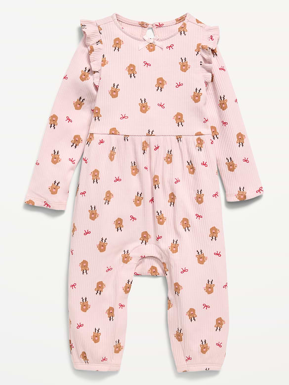 Printed Long-Sleeve Ribbed Ruffle-Trim Jumpsuit for Baby