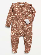 Image 1 of 1, crew neck, long sleeves, ruffle trim along shoulders, fold-over mittens at each sleeve, full-length reversible zipper, sewn-in feet, all-over print, Product #909014