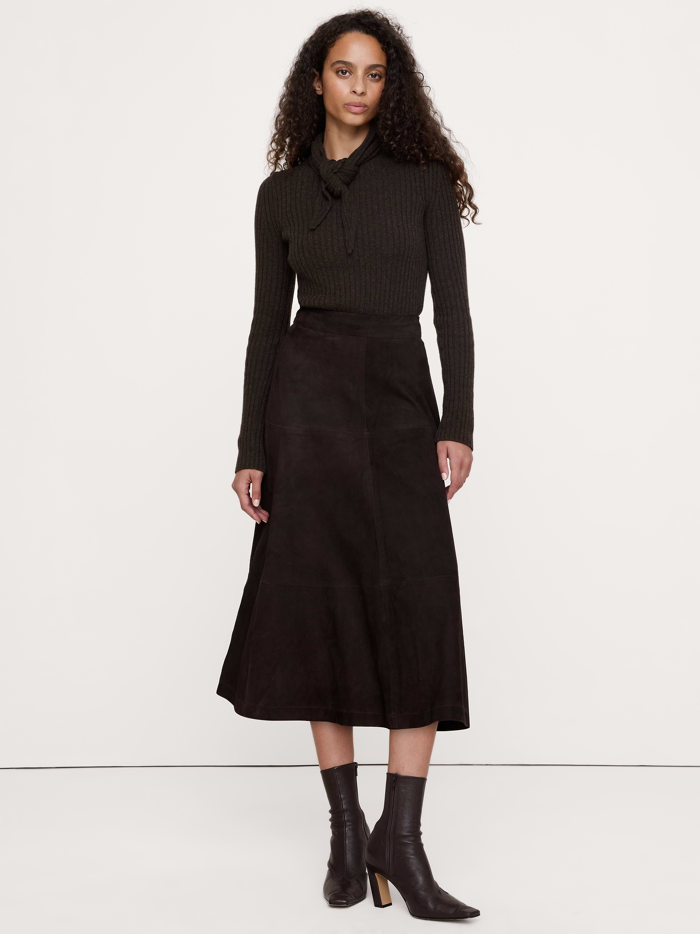 Image 4 of 6, Merino-Cotton Tie-Neck Sweater