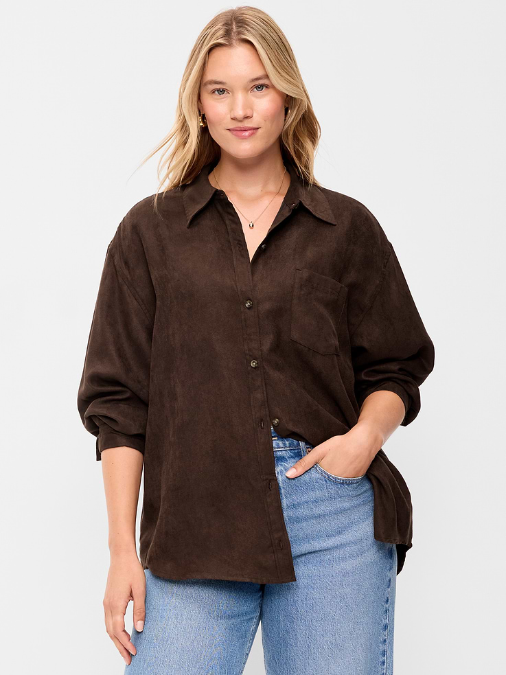 Image 5 of 8, Oversized Boyfriend Button-Down Faux-Suede Shirt