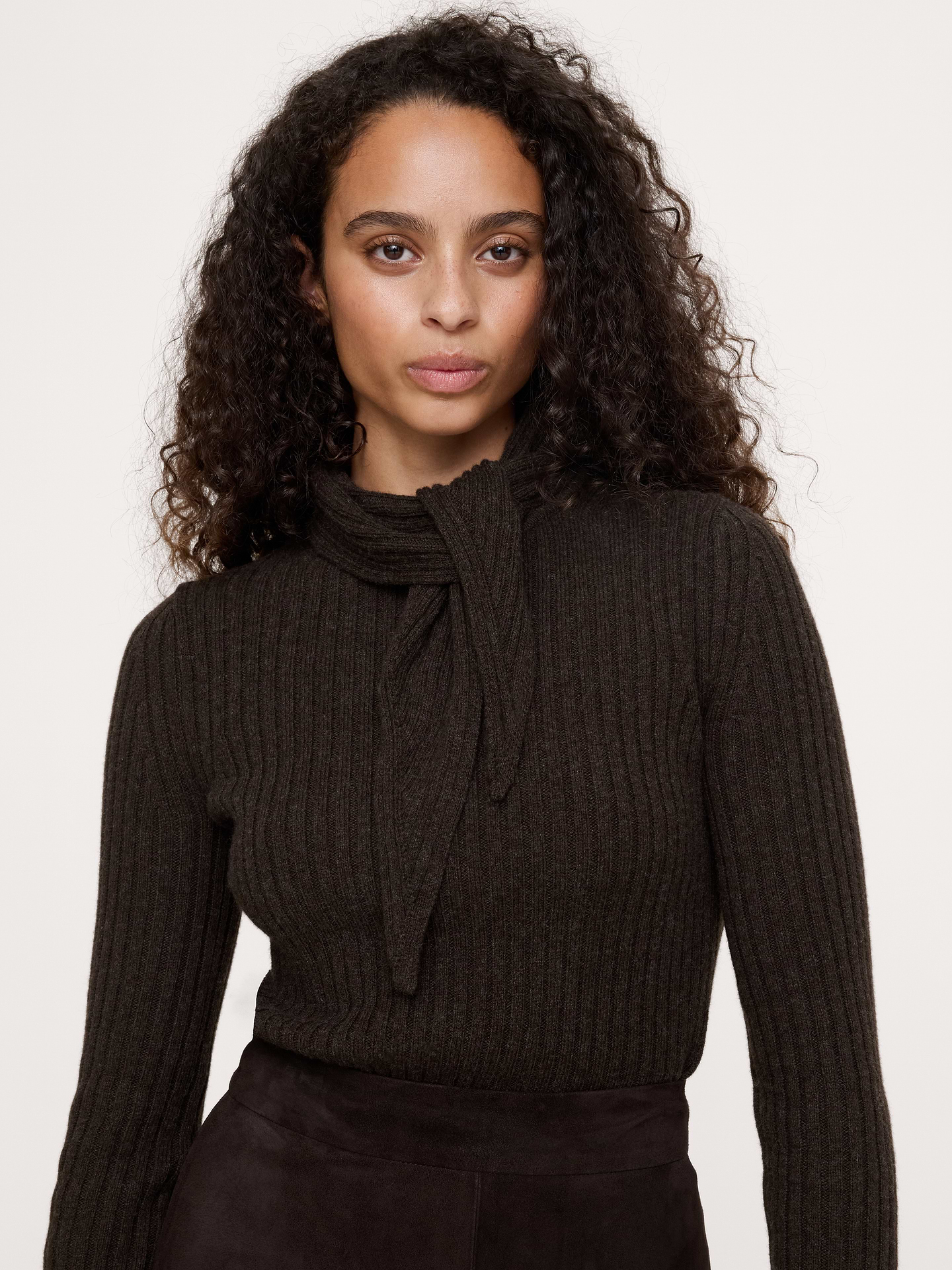 Image 1 of 6, So soft, so cozy, we love this sweater because it's got Merino wool for warmth and cotton for breathability. Plus, we added a tie neck—not something you usually see on a sweater, and that's exactly the point., Fitted: Slim. Sits close to the body., Shawl neck with tie front., Straight hem., Product #915610