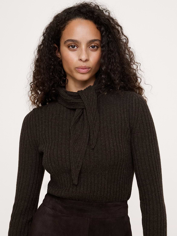 Merino-Cotton Tie-Neck Sweater