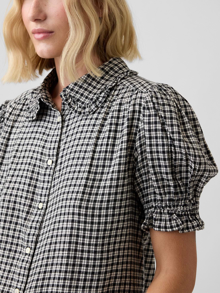 Image 4 of 5, Puff Sleeve Flannel Shirt