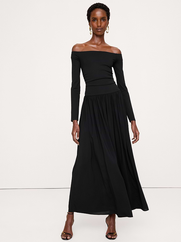Jersey + Georgette Off-Shoulder Maxi Dress