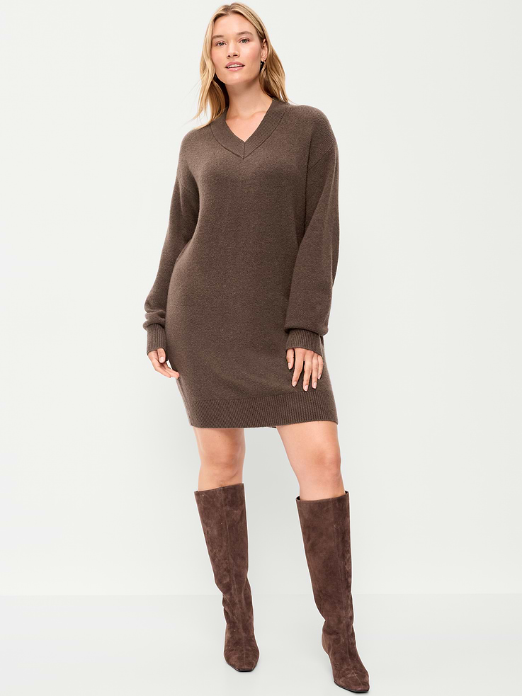 Image 6 of 9, SoSoft Long-Sleeve V-Neck Mini Sweater Dress