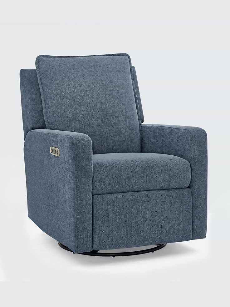 Image 1 of 6, Enjoy comfort at the touch of the button with the babyGap Harlowe Power Recliner by Delta Children., An easy-to-reach control panel on the side features buttons that control reclining, plus USB A/C charging ports, so you can have electronics conveniently on hand., Outfitted with a soothing glide and 240-degree swivel, this chair is ready to recline when you are, just hold the button and your feet will be raised on the footrest, followed by the backrest., Upholstered in our OEKO-TEX STANDARD 100 Certified performance fabric that is water and stain resistant fabric for easy clean up, this recliner is made to last through kids, pets, and busy lives., This product is Greenguard Gold certified to meet stringent chemical emissions standards.