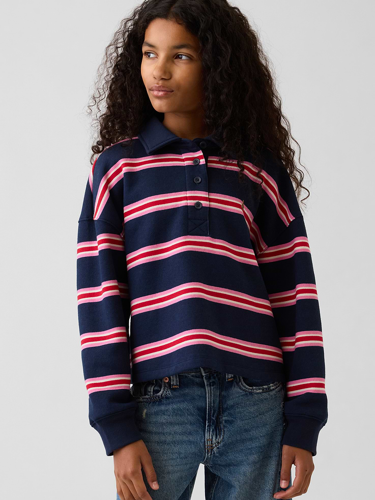 Image 1 of 6, Soft cotton-blend fleece polo sweatshirt. In an oversized, boxy fit., Spread collar with front button placket., Long sleeves with drop shoulders and banded cuffs., Embroidered Brannan Bear at chest., Made with 21% recycled polyester. Compared to virgin materials, using recycled materials helps reduce resource use and waste., Product #1181326