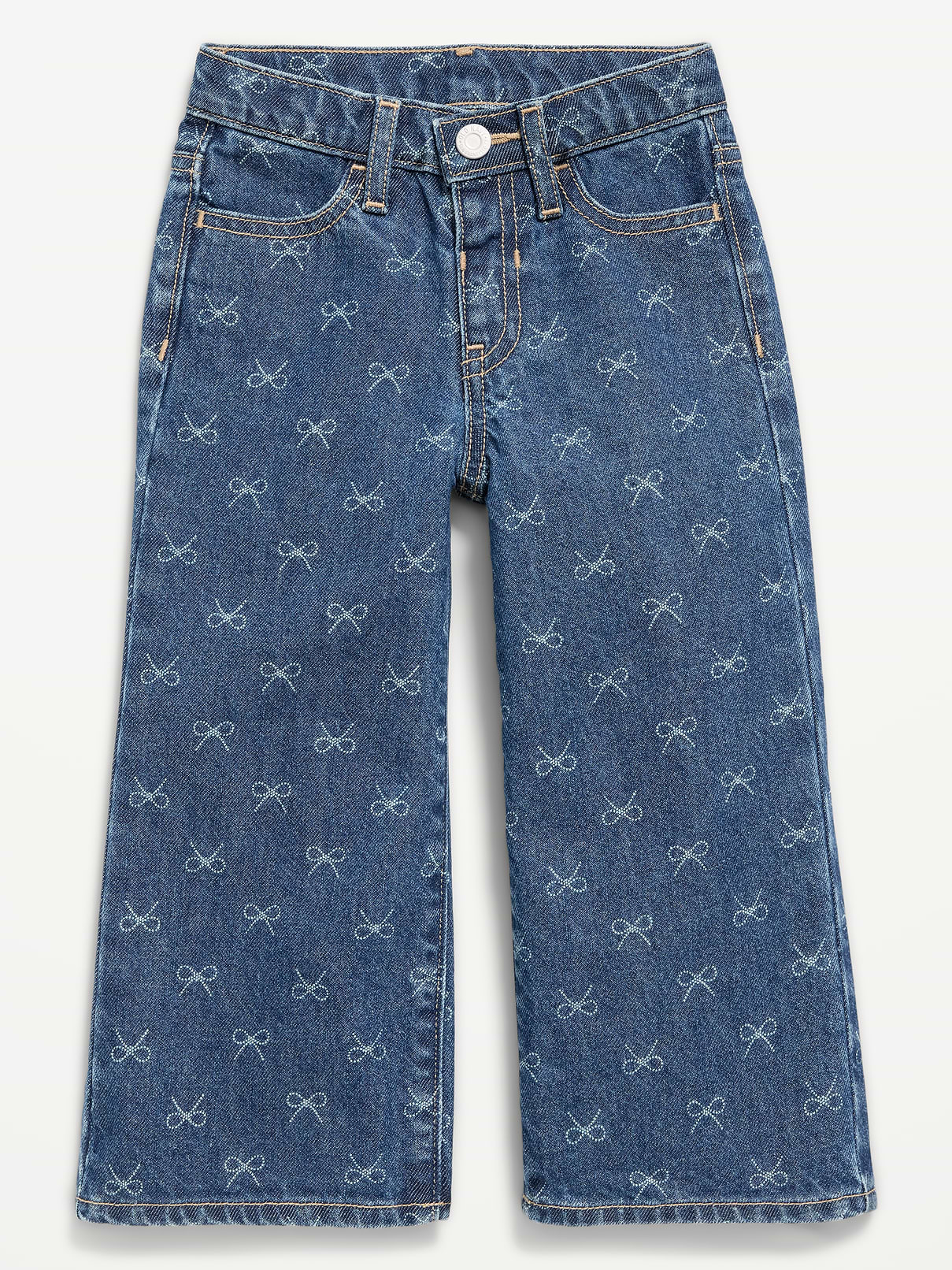 Image 1 of 1, mid rise, interior adjustable waistband, snap button closure, scoop pockets, patch pockets at back, wide leg, all-over bow print, Product #1183704