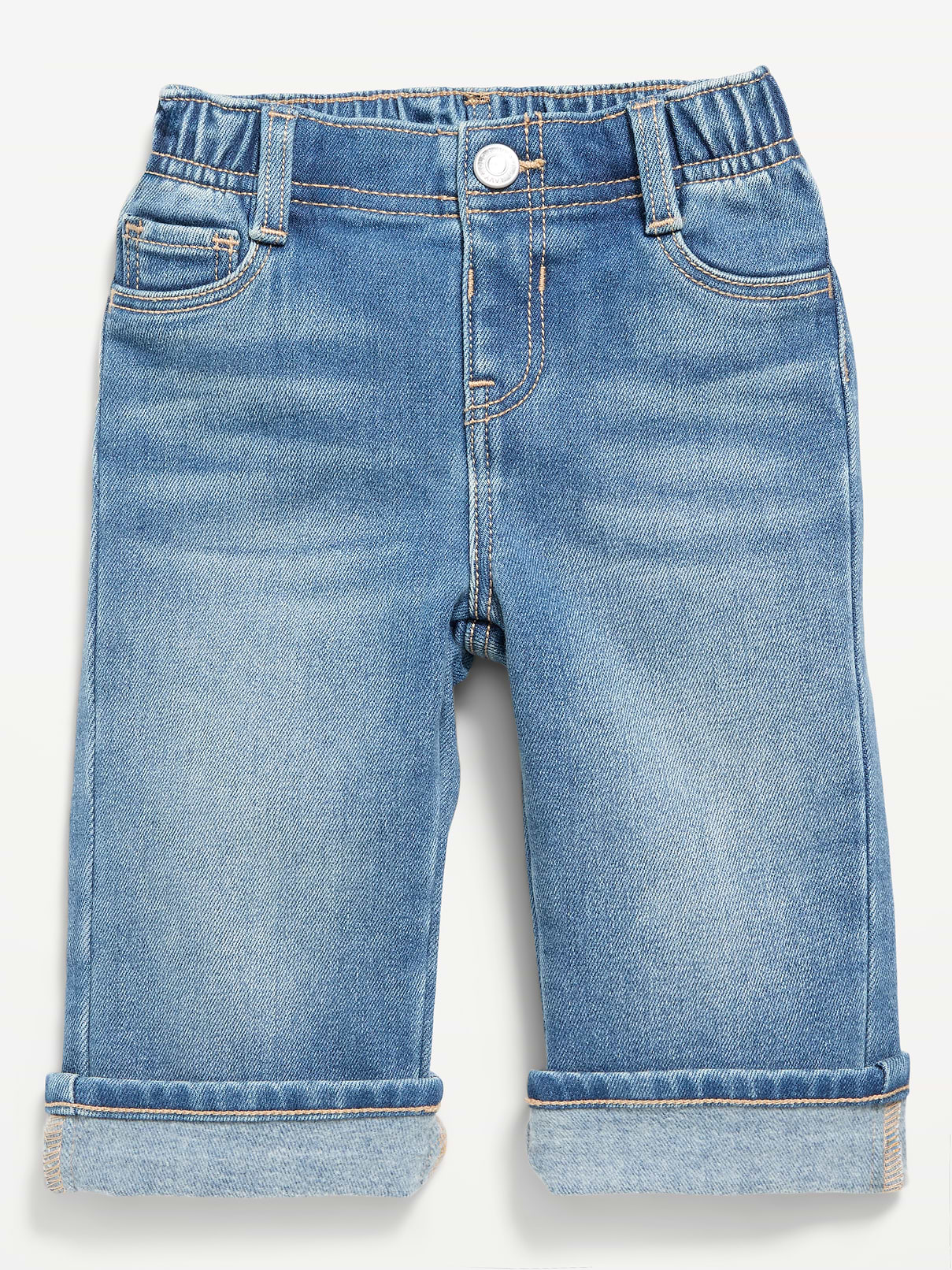 Image 1 of 1, high rise, elasticized waistband, decorative button closure, faux fly, decorative scoop and coin faux pockets at front, patch pockets at back, Product #1183995