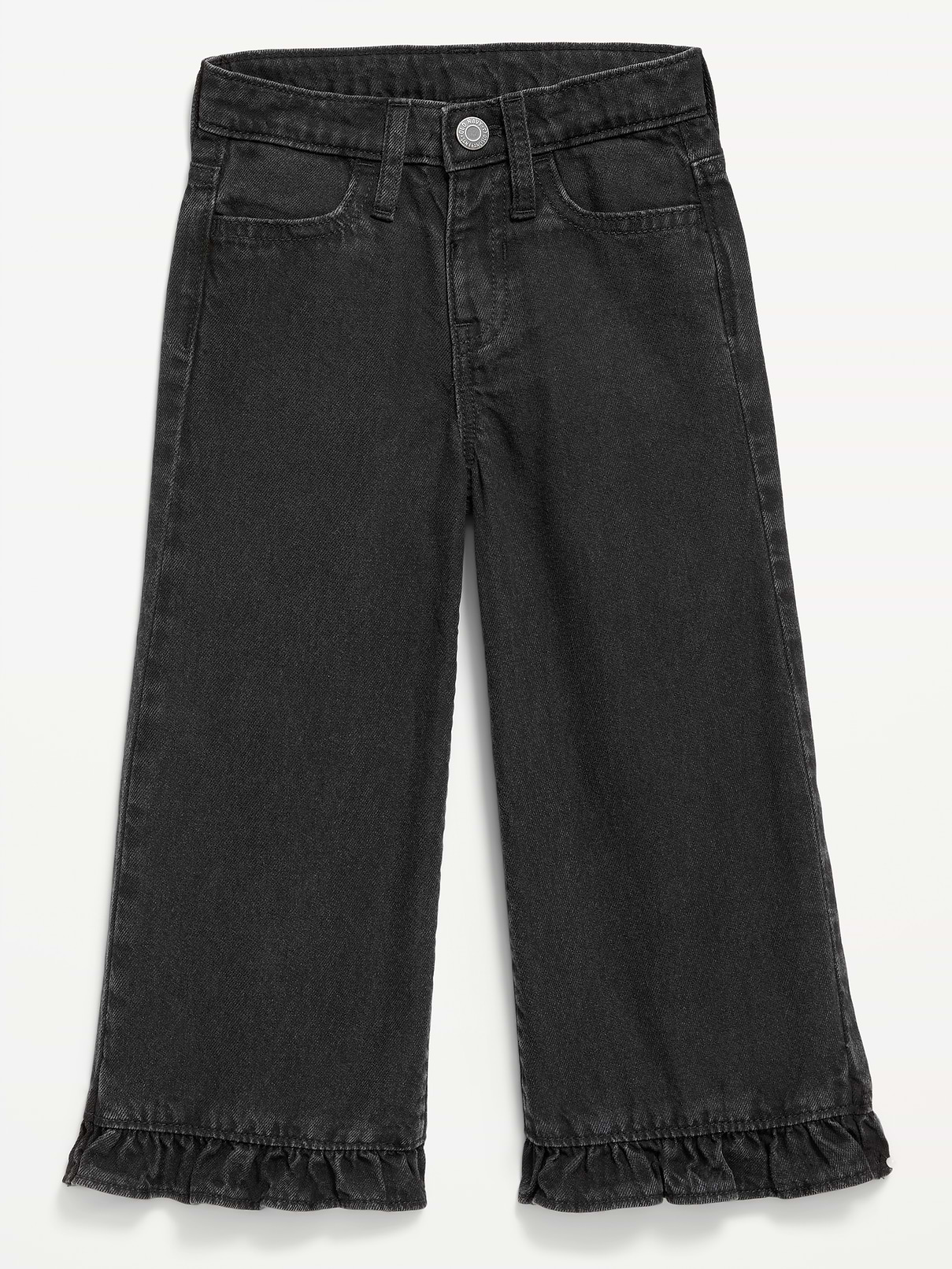 Image 1 of 2, interior adjustable waistband, snap-button closure, faux fly, scoop pockets and coin pocket, heart-shaped patch pockets at back, wide leg, ruffled leg cuffs, Product #1183699