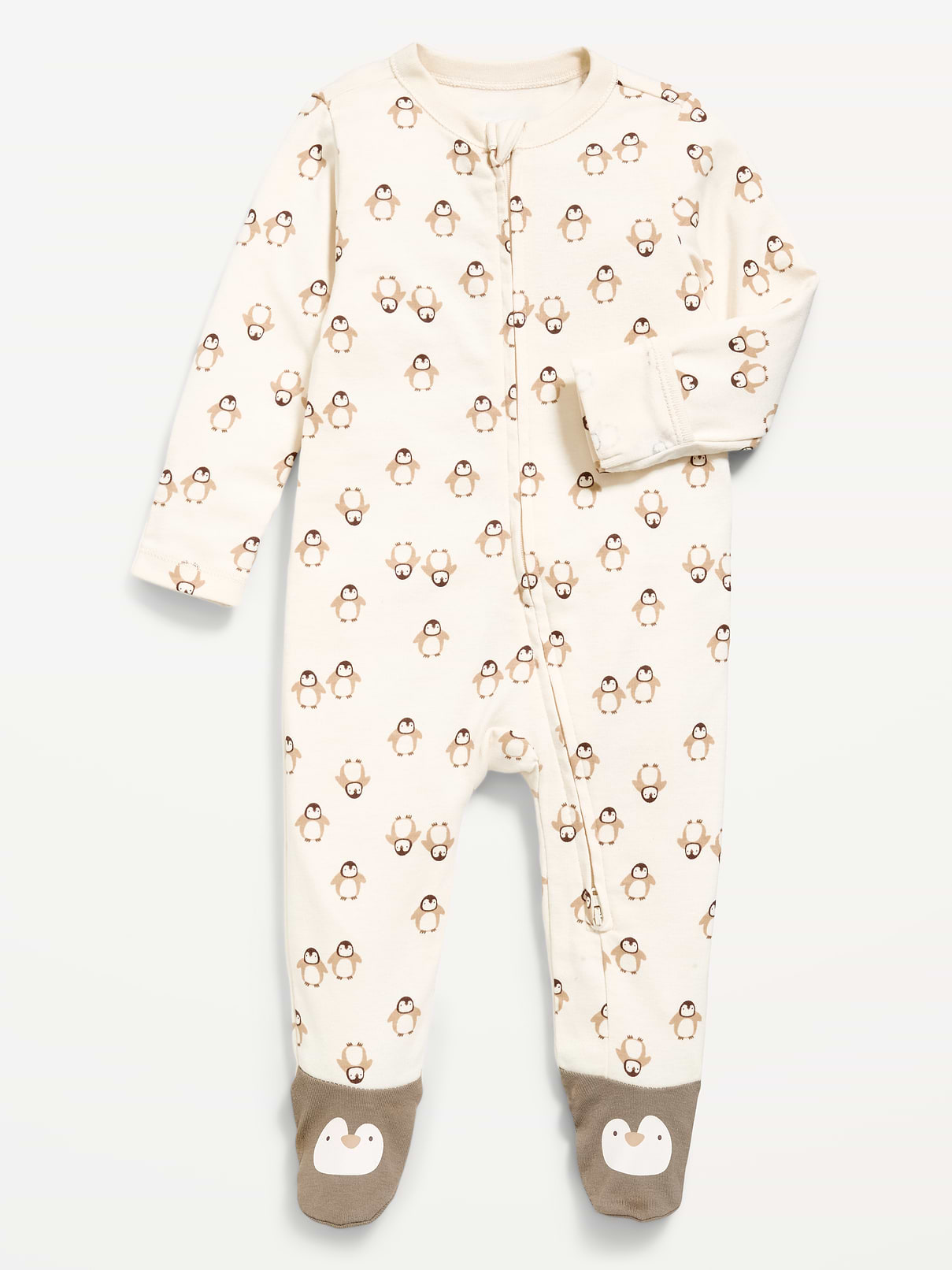 Image 1 of 2, crew neck, long sleeves, fold-over mittens at each sleeve, full-length reversible zipper, sewn-in feet, all-over print, baby's favorite pajamas, now in extended sizes, Product #1184194