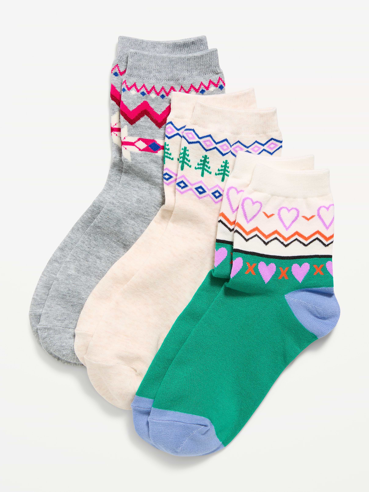 Image 1 of 2, includes 3 pairs of quarter crew socks, rib-knit openings, notched seams at toe and heel, prints and graphics vary, Product #587516