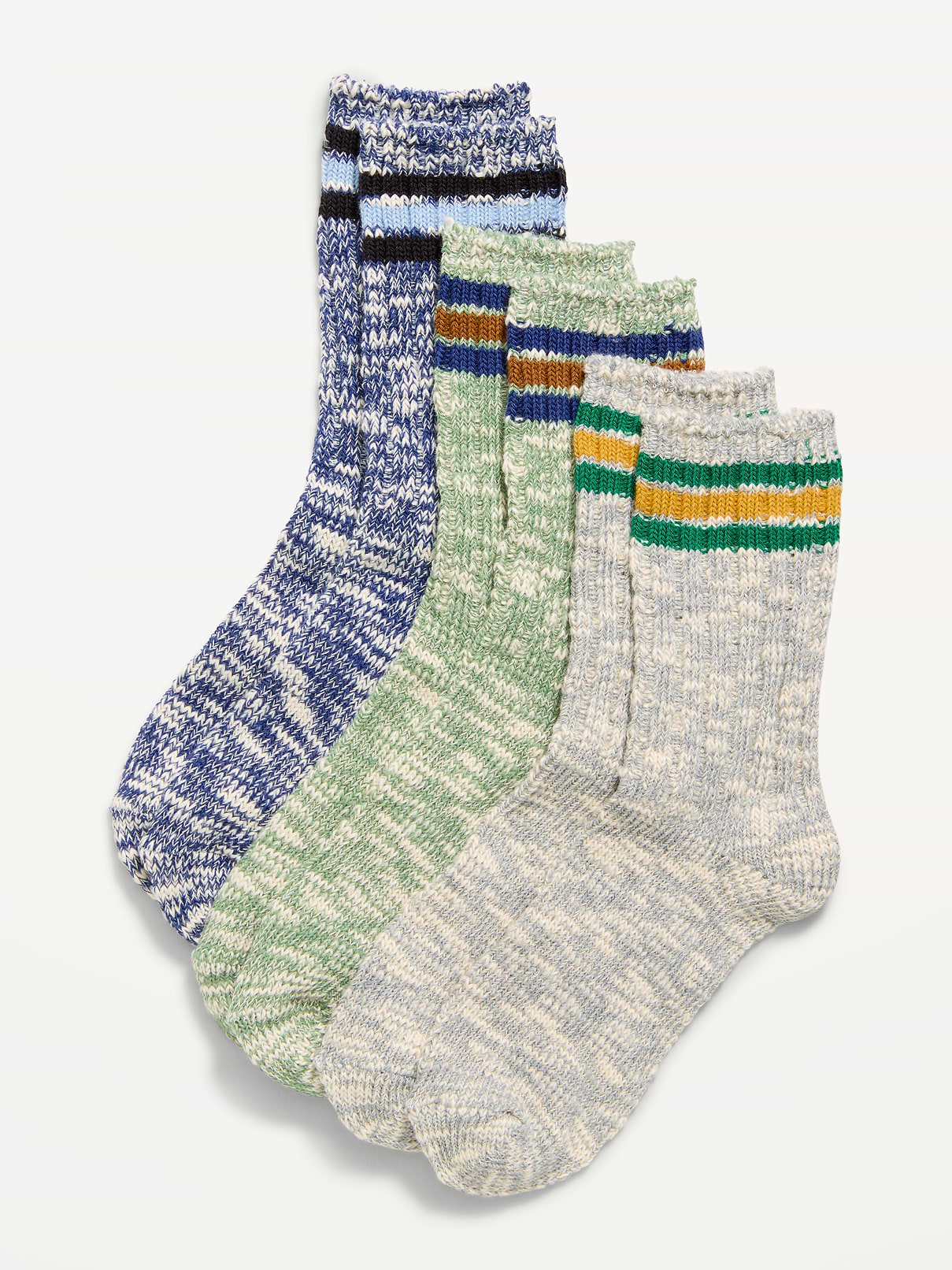 Image 1 of 1, pack includes 3 pairs of crew socks, rib-knit cuffs, notched seams at toe and heel, Product #911031